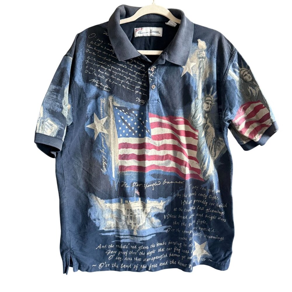 American Summer Clothing Co Patriotic National Anthem Flag Polo Large Blue